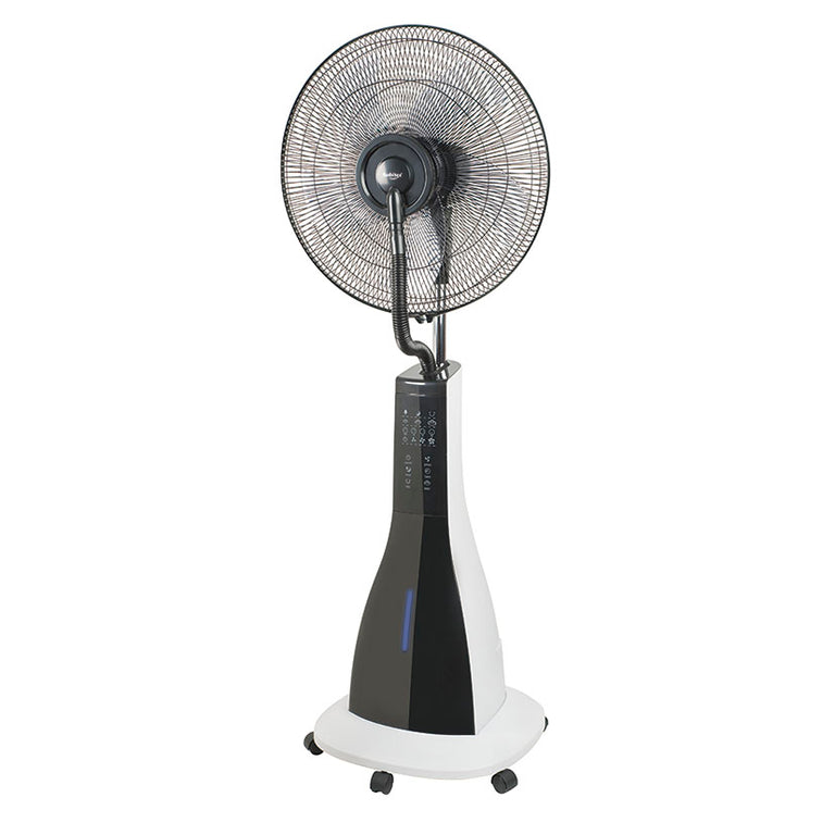 Ventilador nebulizador Habitex VNH90 de pie color blanco y negro con base de ruedas y panel LED