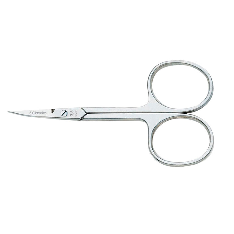 Tijera de manicura curva 3 Claveles de 3,5 pulgadas fabricada en acero niquelado con grabado de marca y origen.