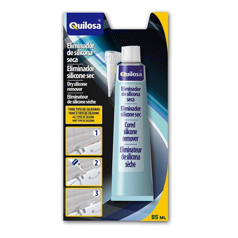 Tubo eliminador de silicona seca Quilosa 85ml con cánula aplicadora para juntas de baño y cocina.