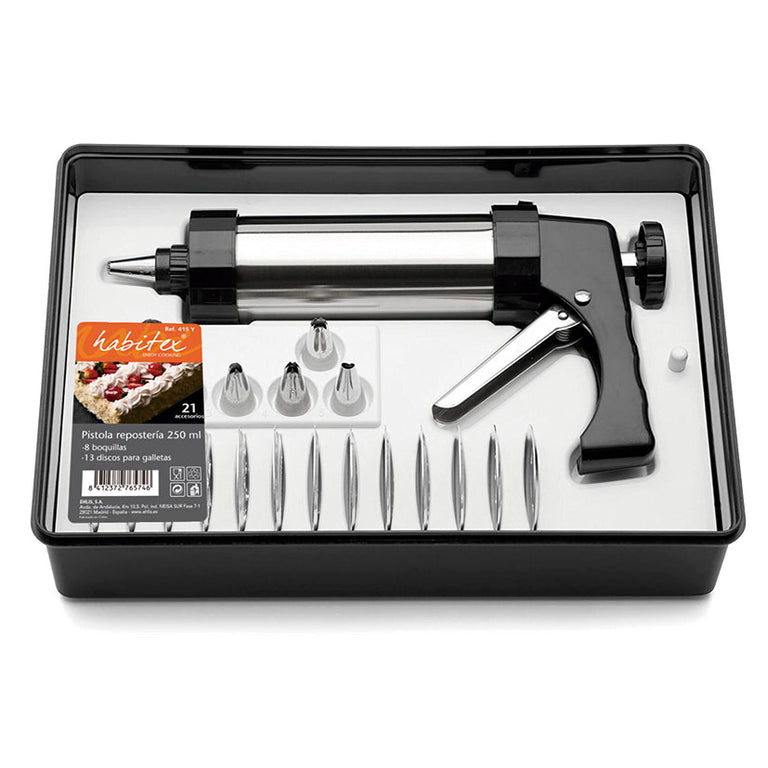 Pistola de repostería metálica HABITEX de 250 ml en estuche con 8 boquillas y 13 discos para galletas