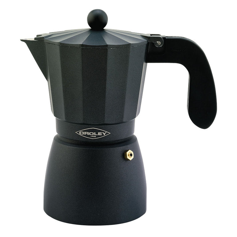 Cafetera italiana Oroley Touareg negra mate con cuerpo facetado y mango de baquelita.