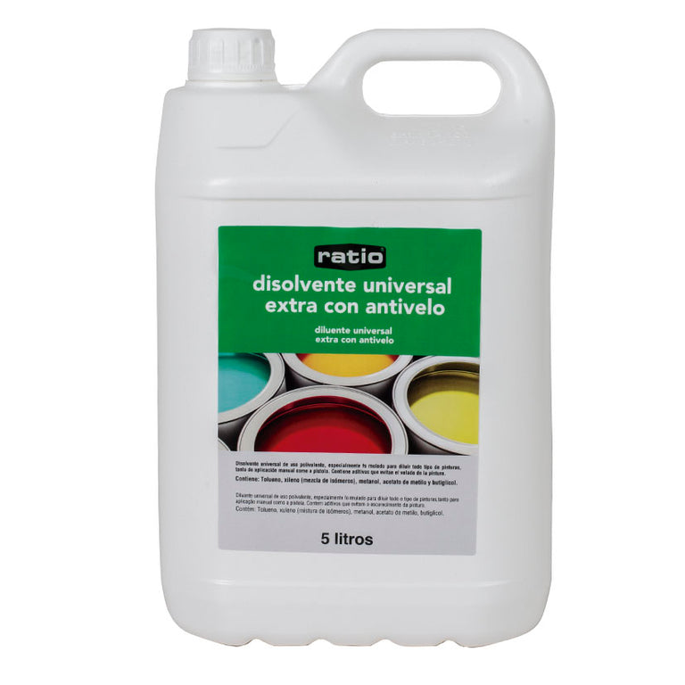 Garrafa de 5 litros de disolvente universal extra con antivelo RATIO para dilución de pinturas.