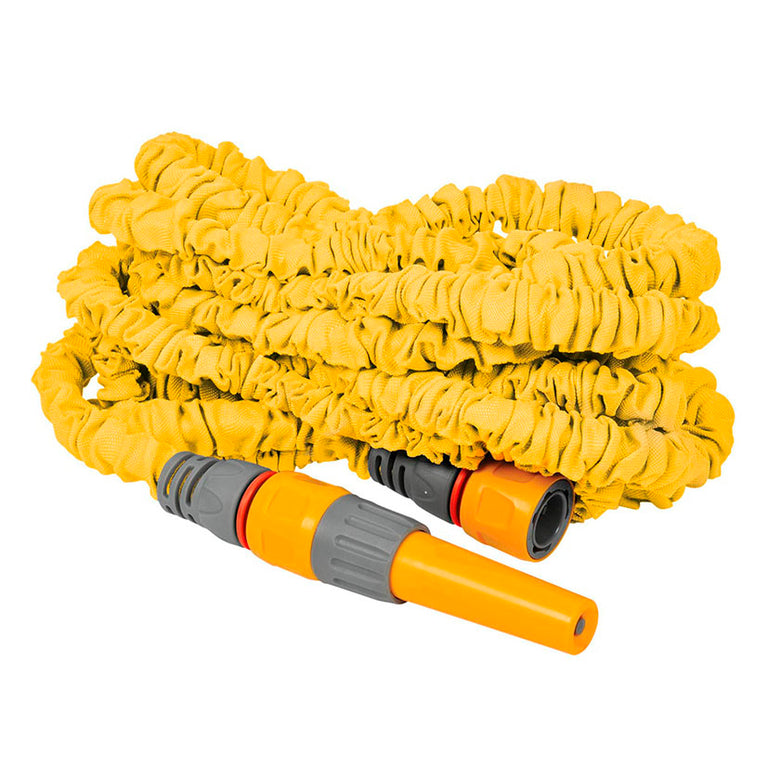 Manguera de riego extensible HOZELOCK SuperHoze amarilla de 15 metros con conectores rápidos y boquilla de pulverización.