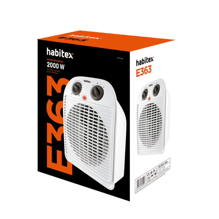 Caja del calefactor Habitex E363 de 2000W mostrando el diseño del producto y especificaciones técnicas.