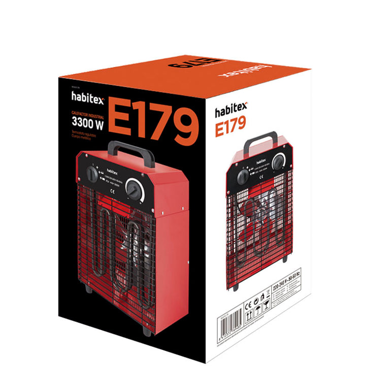 Embalaje original del calefactor industrial Habitex E179 de 3300W con detalles técnicos
