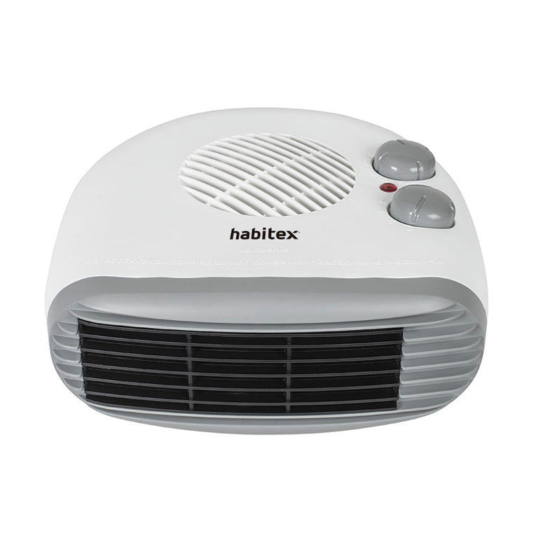 Vista superior del calefactor Habitex E306 mostrando el termostato regulable y el selector de funciones de calor.