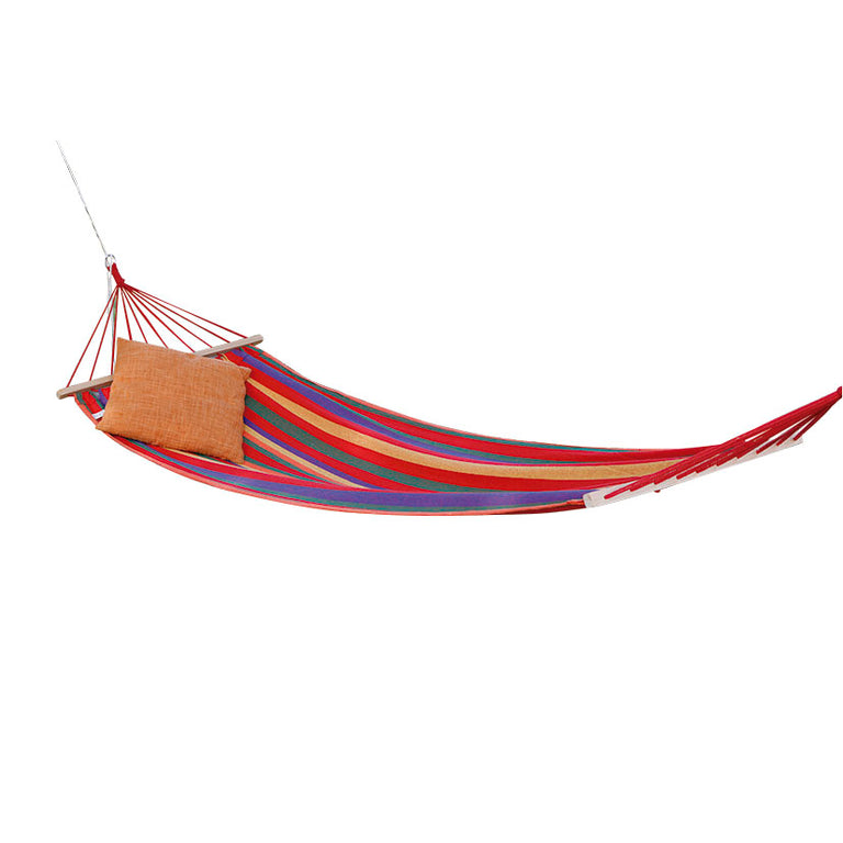 Hamaca colgante doble con rayas multicolor y travesaño de madera estabilizador