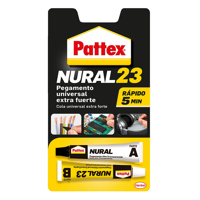 Blíster de pegamento universal Pattex Nural 23 extra fuerte y rápido de 22ml con dos tubos de mezcla A y B.
