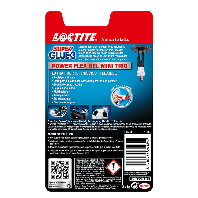 Instrucciones y precauciones de uso Loctite Super Glue-3 Power Gel en el reverso