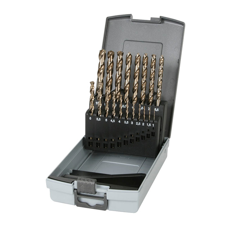 Estuche de 19 brocas para metal RATIO fabricadas en acero al cobalto HSS-CO con medidas de 1 a 10 mm.