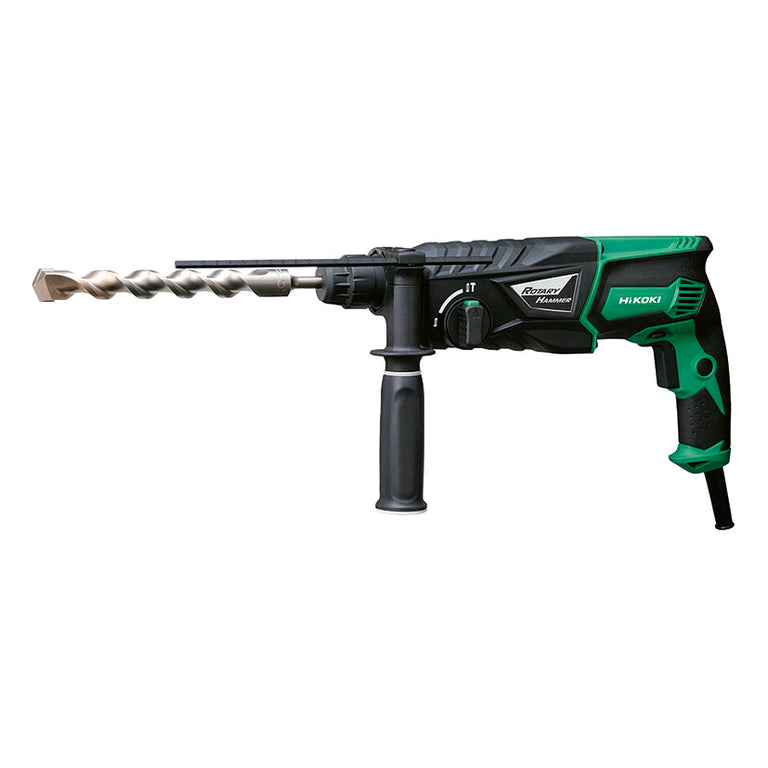 Martillo perforador HiKOKI DH26PB con broca SDS-Plus, empuñadura lateral y tope de profundidad sobre fondo blanco