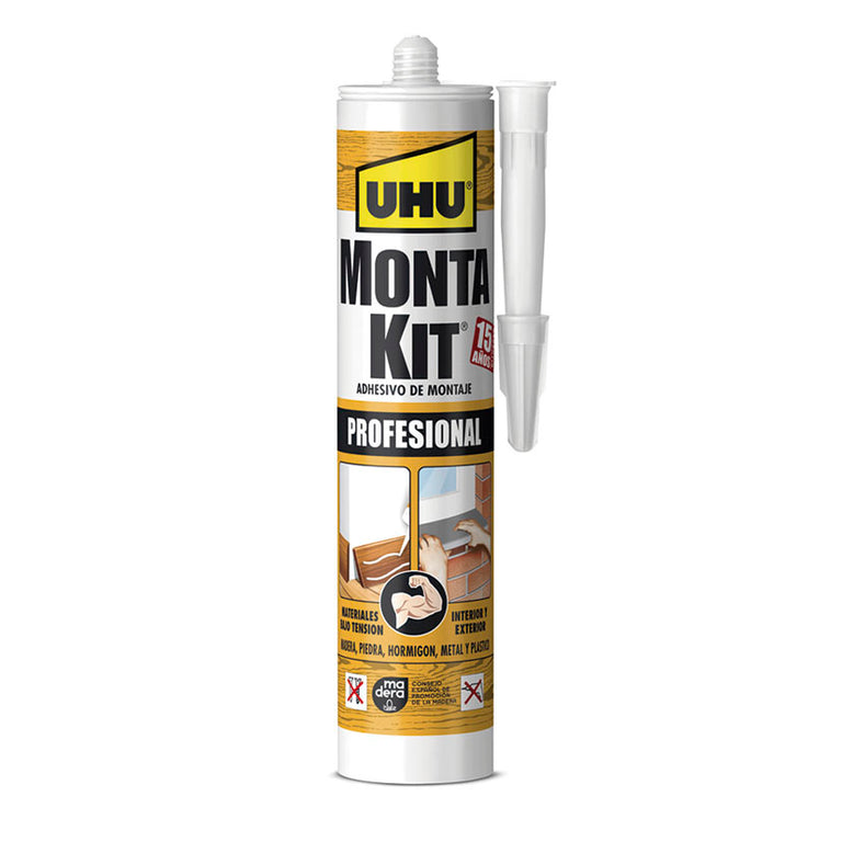 Cartucho de adhesivo de montaje profesional UHU Montakit de 350g para construcción y bricolaje.