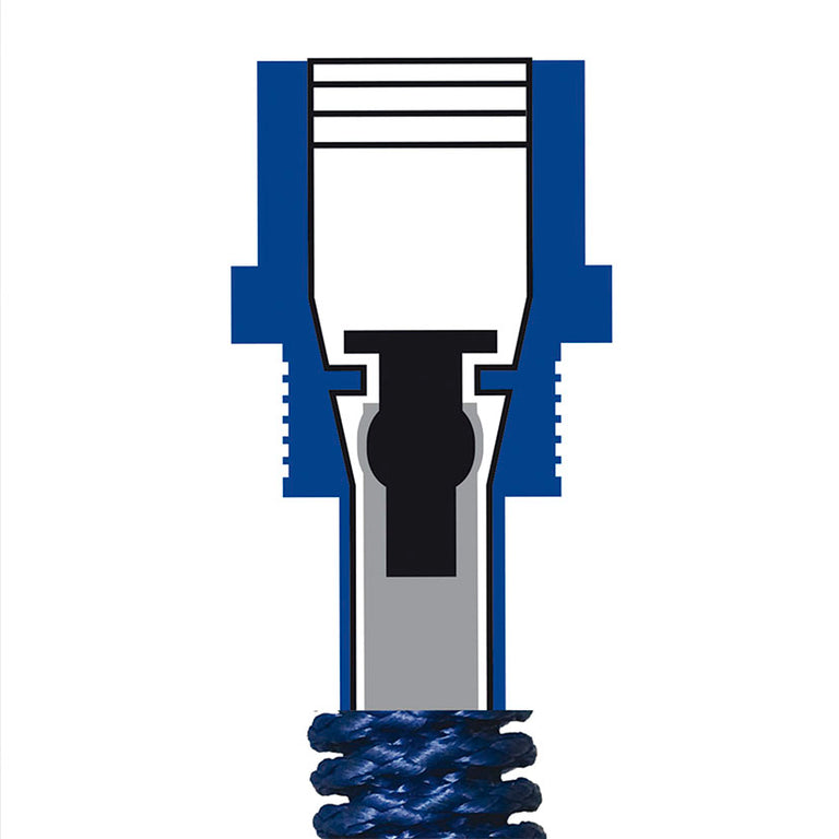 Esquema técnico del conector interno reforzado de la manguera de riego extensible para evitar fugas.