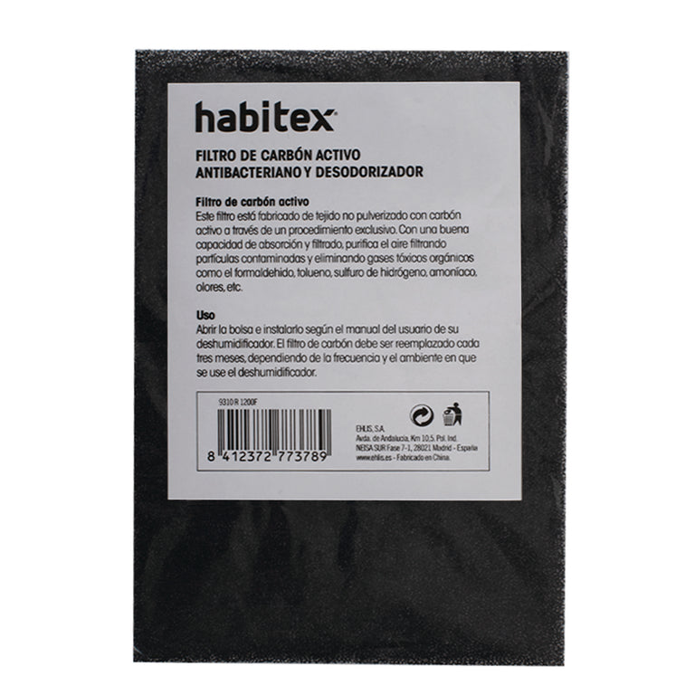 Filtro de carbón activo Habitex H1200 antibacteriano y desodorizador, vista frontal del envase con especificaciones.