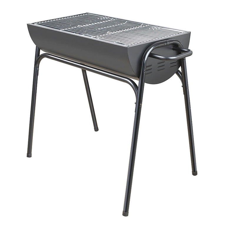 Barbacoa de carbón HABITEX Supergrill 101 con cuerpo cilíndrico negro y patas metálicas estables.