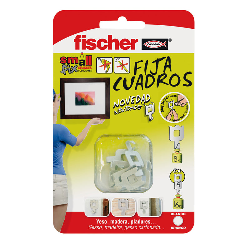 Blíster 8 colgadores Fischer Fija Cuadros blanco instalación manual 8kg