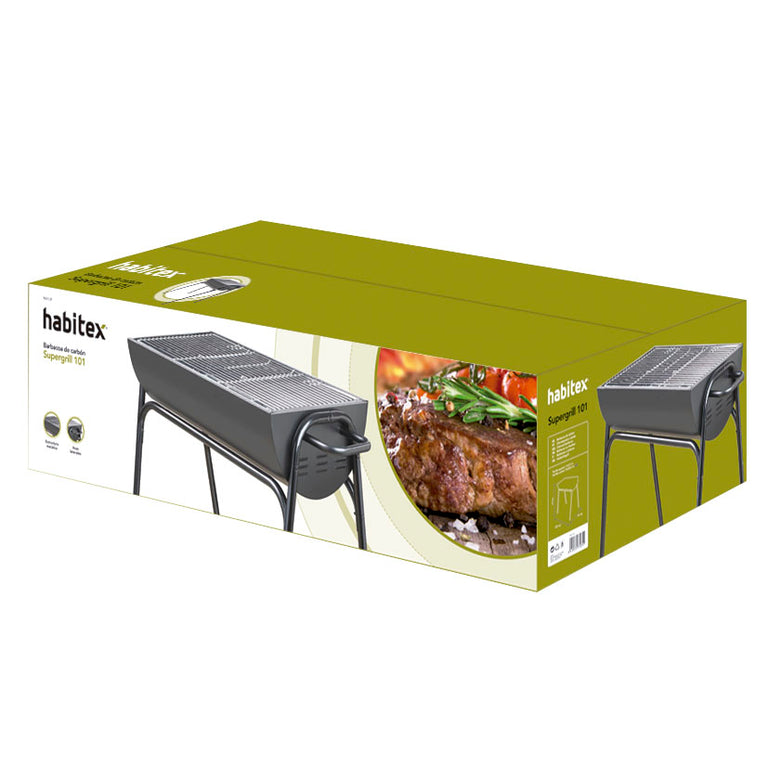 Embalaje comercial de la barbacoa HABITEX Supergrill 101 con especificaciones y foto de producto.