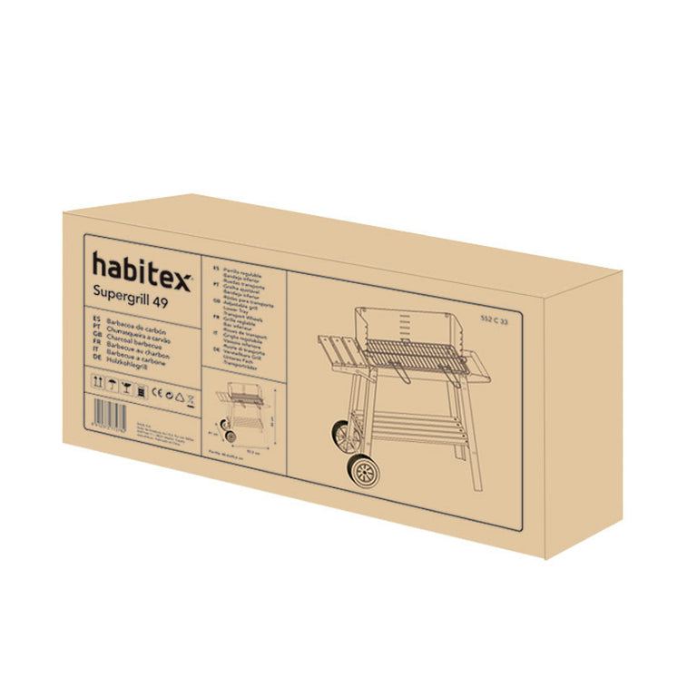 Embalaje original de la barbacoa HABITEX Supergrill 49 con detalles técnicos y dimensiones