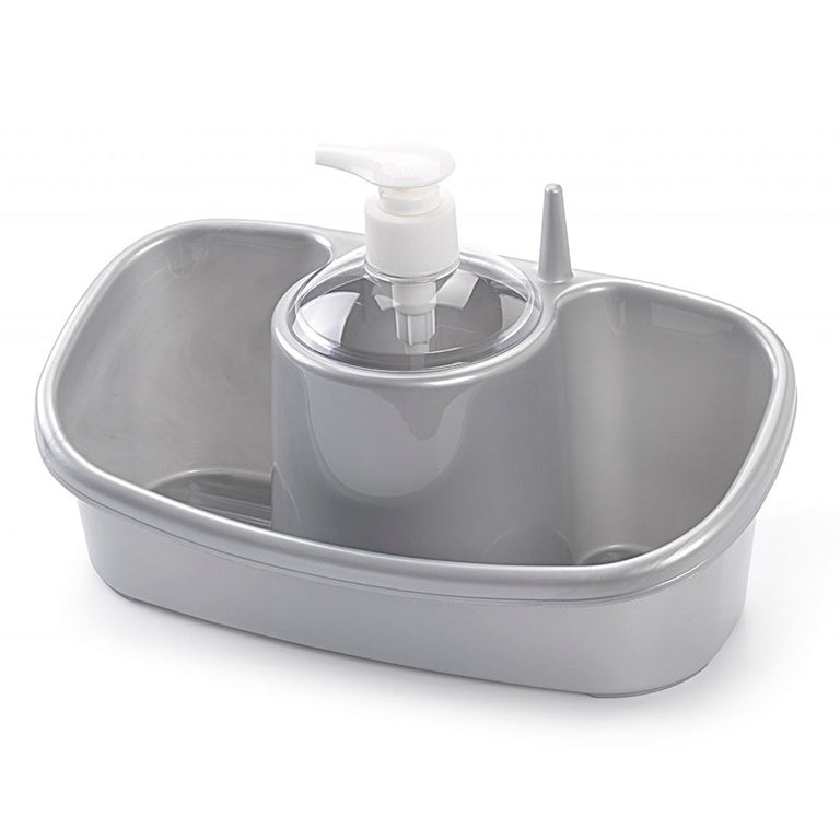 Organizador de fregadero gris con dosificador de jabón, compartimentos para estropajos y soporte para anillos.