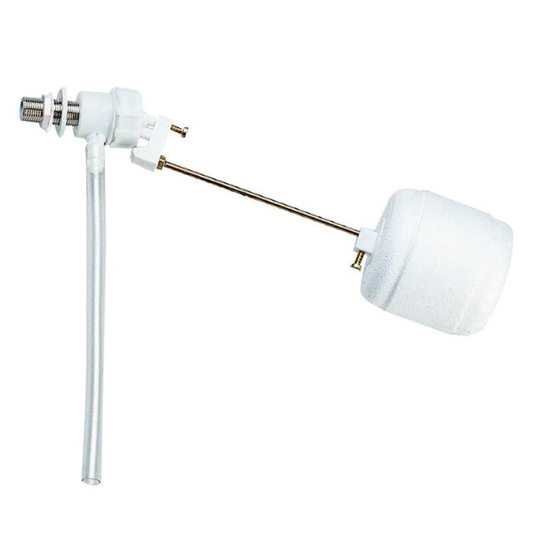 Grifo de llenado lateral Fominaya GL1 con conexión de latón de 3/8 pulgadas y boya blanca.