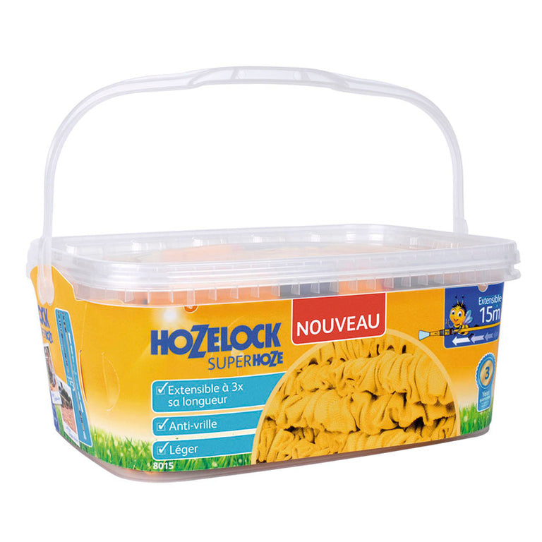 Embalaje original de manguera HOZELOCK SuperHoze 15m en contenedor de plástico transparente con asa para transporte.