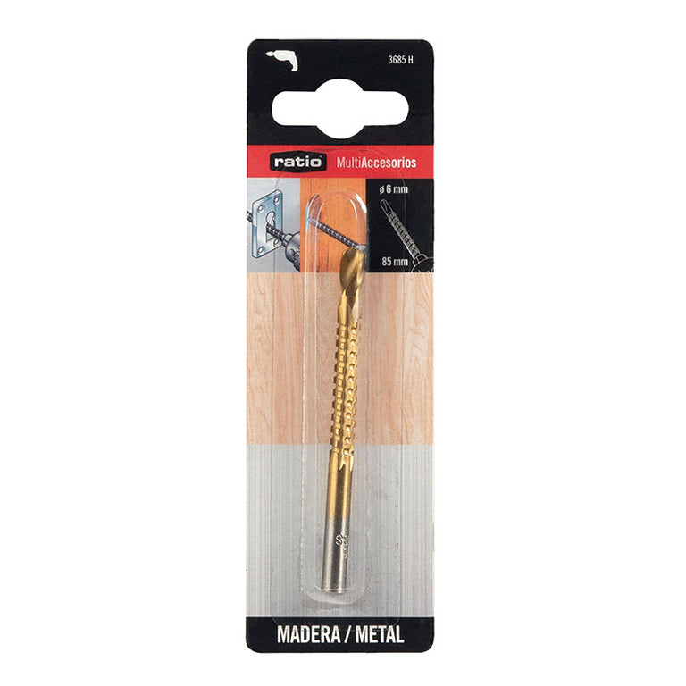 Empaque blíster de la broca raspa RATIO para madera y metal con especificaciones de 6x85 mm.