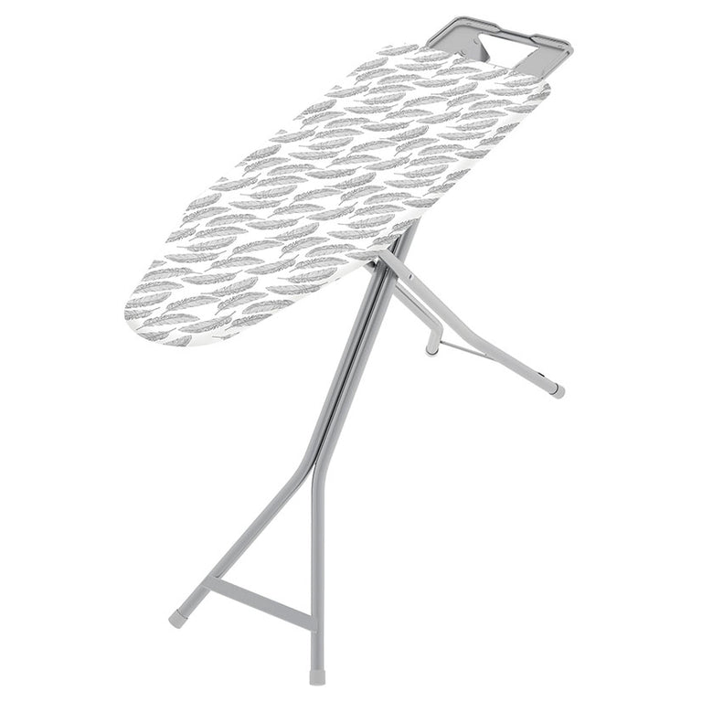 Tabla de planchar HABITEX Toscana abierta con funda estampada de plumas y estructura de acero gris estable.