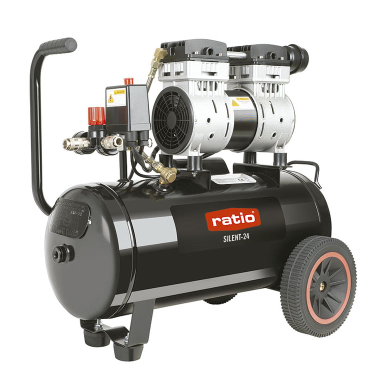 Compresor silencioso RATIO Silent-24 de 1,5 HP y 24 litros con ruedas y doble salida de aire.