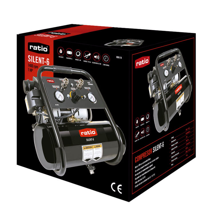 Caja de embalaje del compresor RATIO Silent-6 con especificaciones técnicas y diseño portátil.