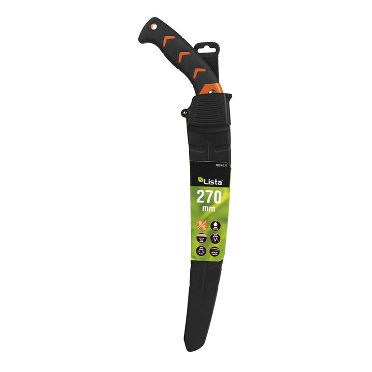 Serrucho de poda LISTA 270mm en funda protectora negra con clip para cinturón y etiqueta de producto.