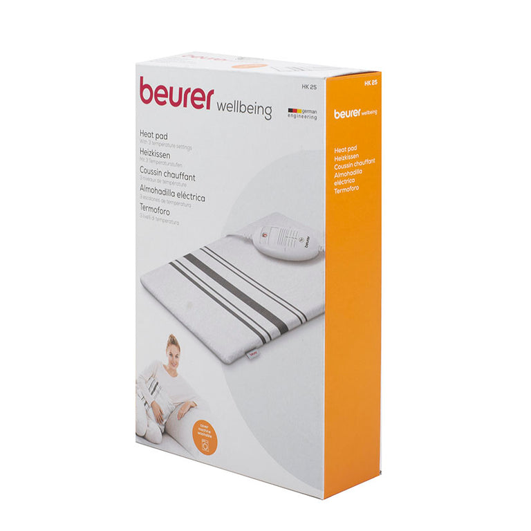 Caja del producto Beurer HK 25 Wellbeing destacando sus 3 niveles de temperatura y funda lavable.