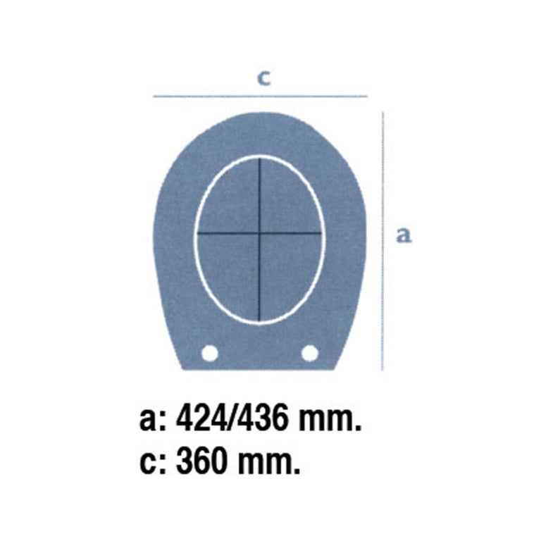 Esquema técnico de medidas de la tapa de WC Estoli Reina con dimensiones de 424-436 mm de largo y 360 mm de ancho.