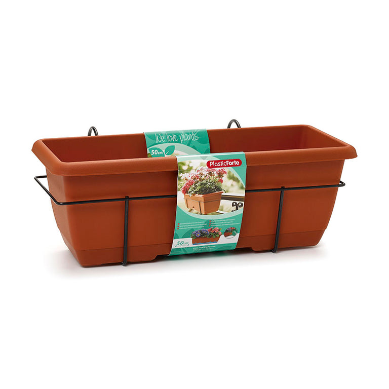 Jardinera PlasticForte terracota 50cm con soporte metálico negro para balcón