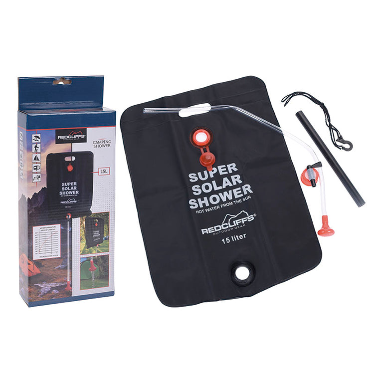 Ducha solar de camping Redcliffs 15L con bolsa de PVC negro, manguera, alcachofa y caja de presentación.