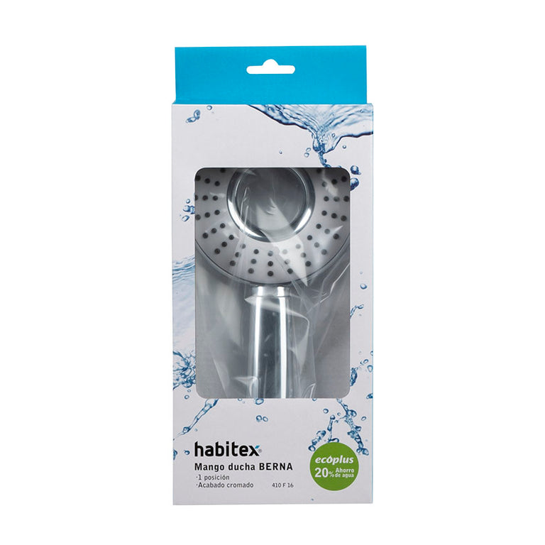 Caja del mango de ducha HABITEX Berna con sello ecoplus de ahorro de agua del 20%.