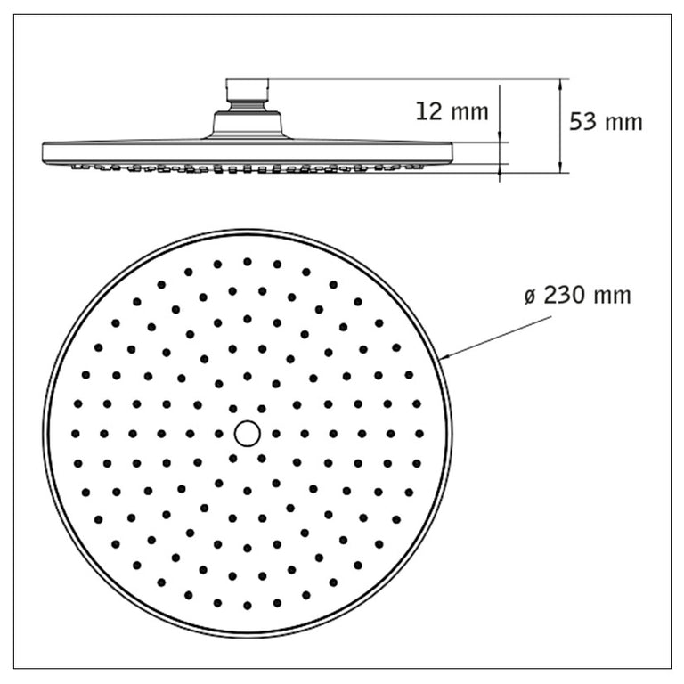 Plano técnico con dimensiones del rociador Habitex Estambul: diámetro 230mm y altura total 53mm