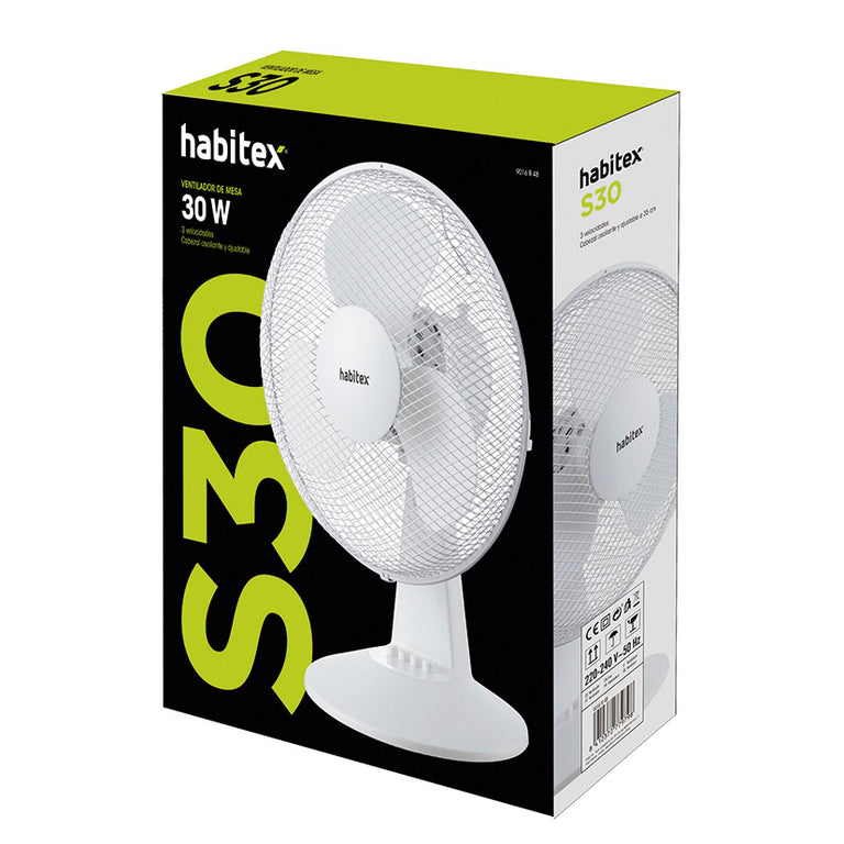 Caja del ventilador Habitex S30 blanco mostrando especificaciones técnicas de 30W y 3 velocidades.