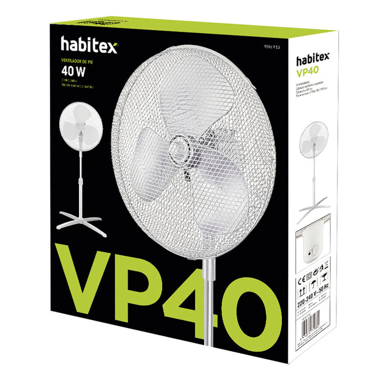 Caja de embalaje ventilador Habitex VP40 con especificaciones técnicas 40W