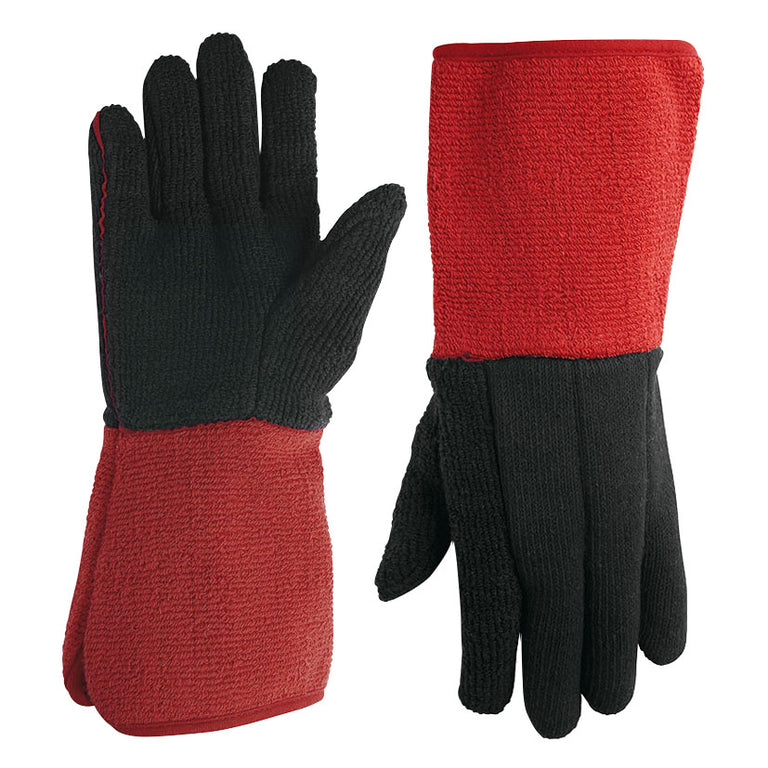 Guante de barbacoa JUBA H295 bicolor rojo y negro con manguito largo de protección térmica.