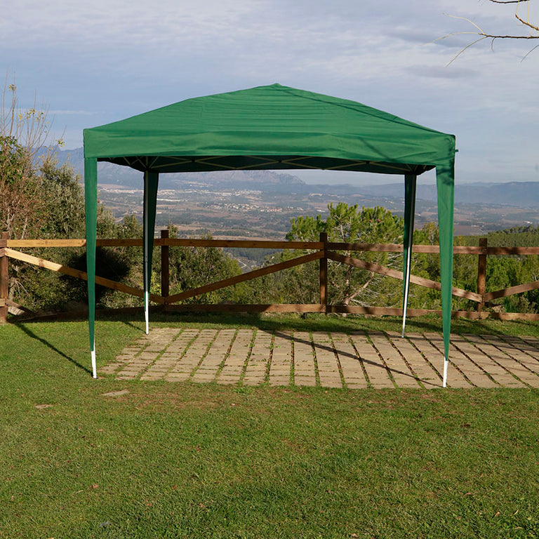 Vista frontal de carpa de exterior verde 3x3m ideal para eventos y protección solar en terrazas