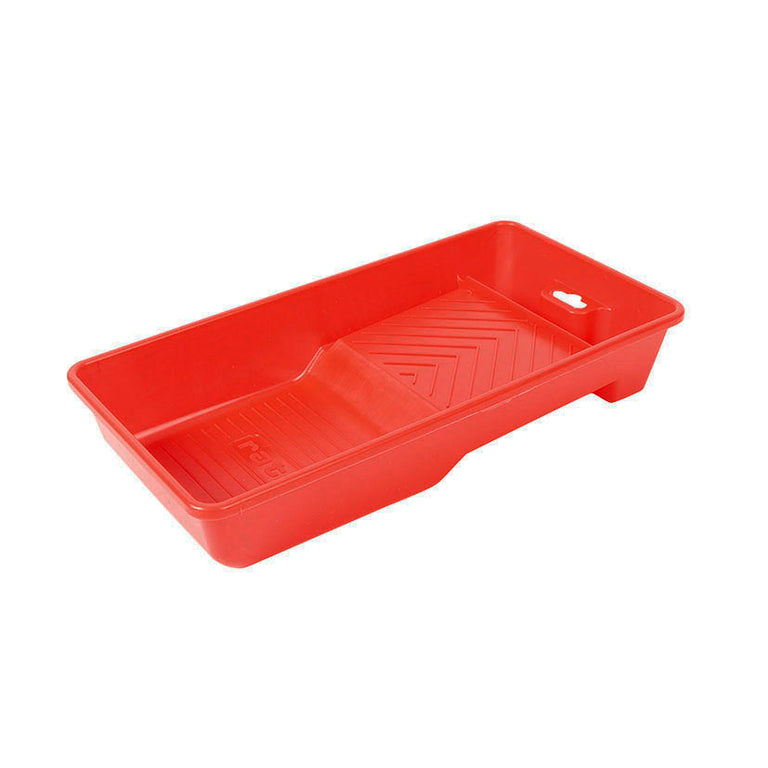 Cubeta de plástico roja RATIO para mini rodillos de 11 cm, vista lateral en perspectiva.