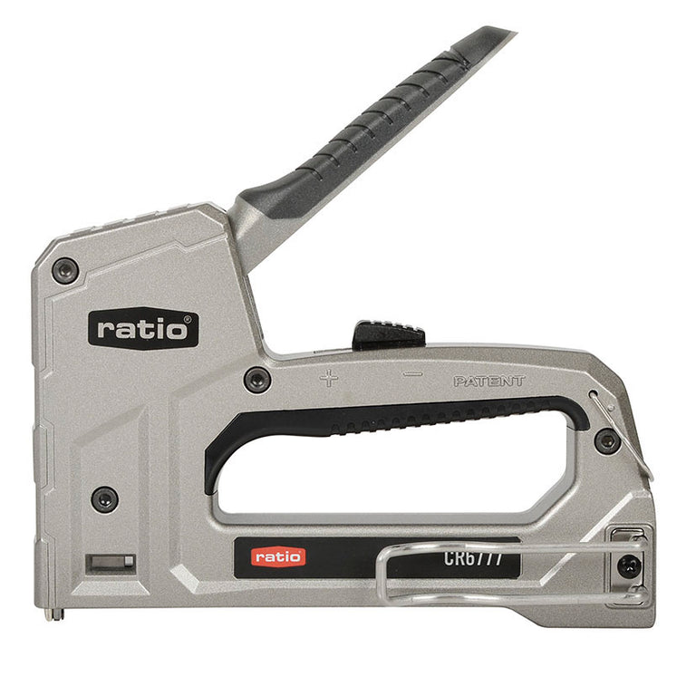 Grapadora profesional RATIO CR6777 vista lateral mostrando el regulador de fuerza