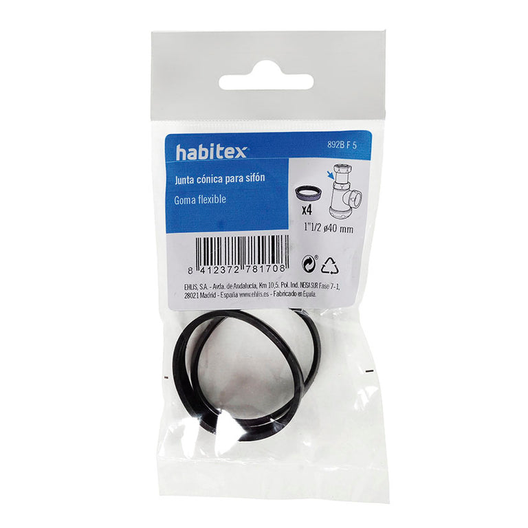 Empaque de 4 juntas cónicas Habitex de 40mm para sifón de 1 1/2 pulgadas.