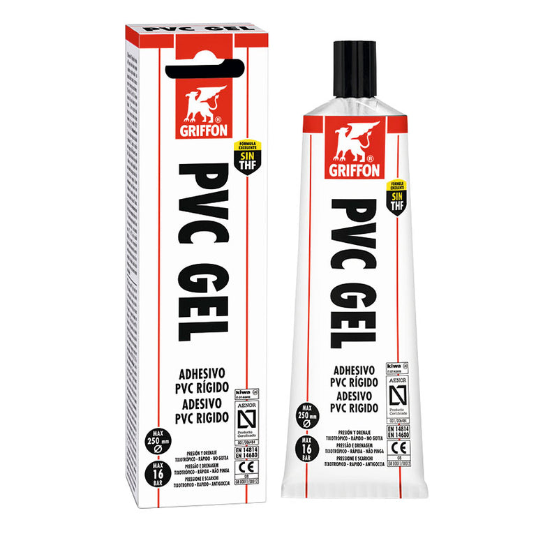 Adhesivo PVC Gel Griffon 125ml para tuberías rígidas, fórmula sin THF, secado rápido y antigoteo.