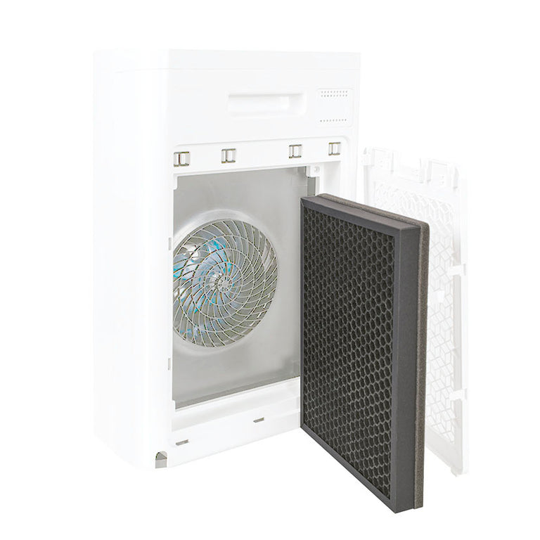 Vista interna del purificador Habitex AIR20 con ventilador y filtro extraído