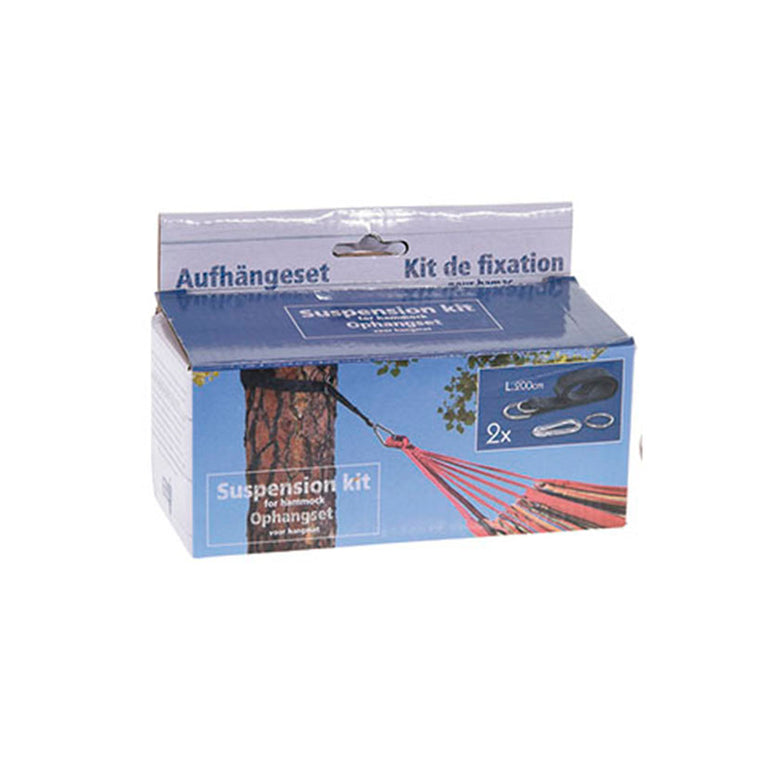 Caja del kit de fijación para hamacas mostrando ejemplo de instalación en un árbol y contenido del paquete de 2 unidades.
