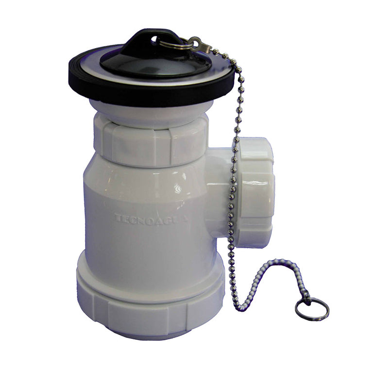 Sifón botella mini Tecnoagua blanco con tapón negro y cadena metálica para lavabo