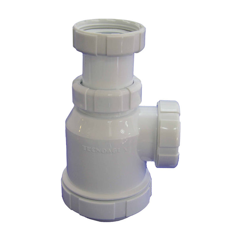 Sifón de botella Tecnoagua con salida horizontal y racor de conexión