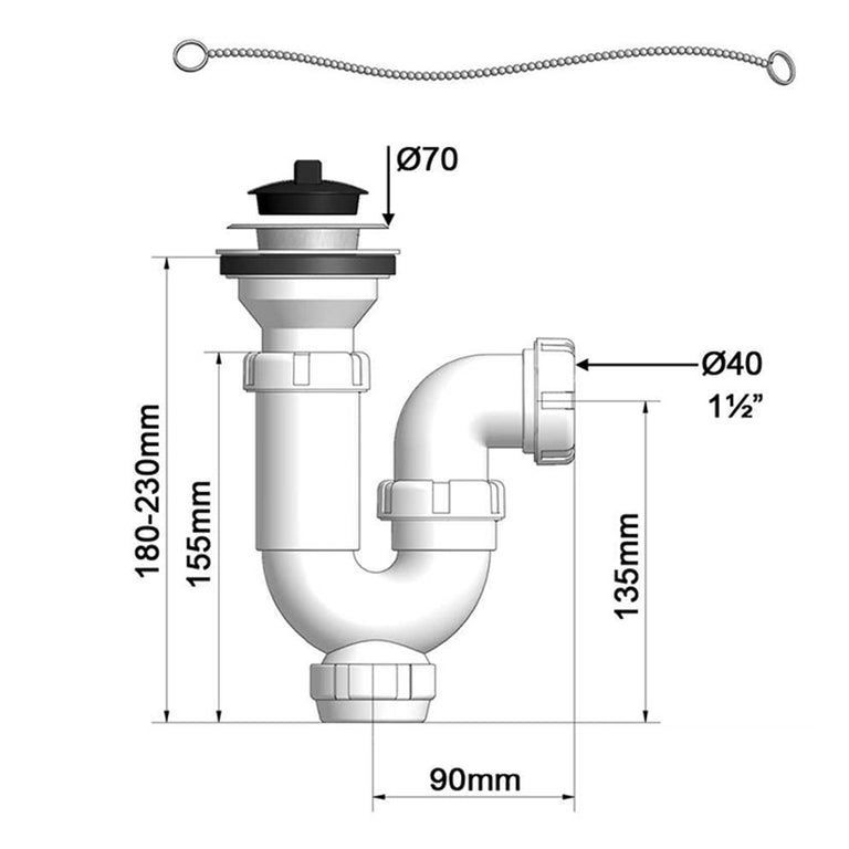 Diagrama de dimensiones del sifón Tecnoagua T-30C mostrando altura regulable y salida horizontal de Ø40mm.