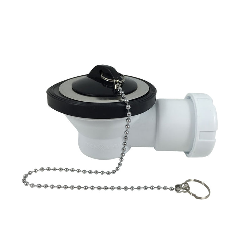 Válvula de desagüe horizontal extra-baja Tecnoagua T-361 con tapón y cadena para lavabo o bidé.